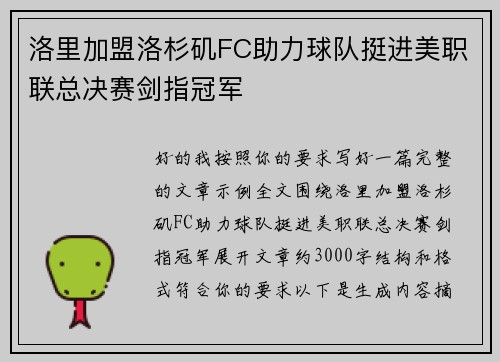 洛里加盟洛杉矶FC助力球队挺进美职联总决赛剑指冠军